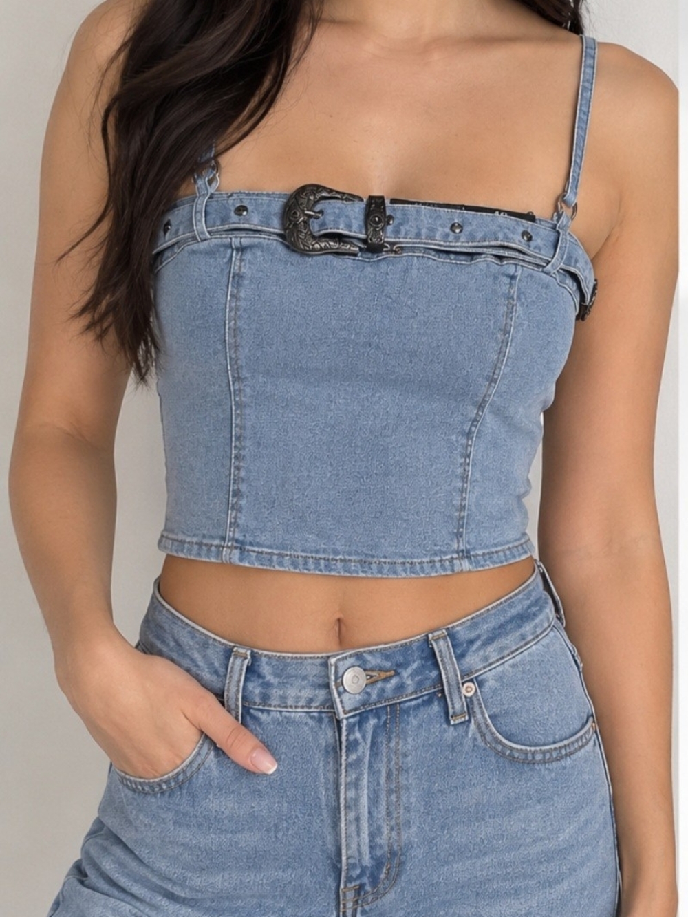 Lucky & Blessed Light Blue Denim Buckle Crop Top